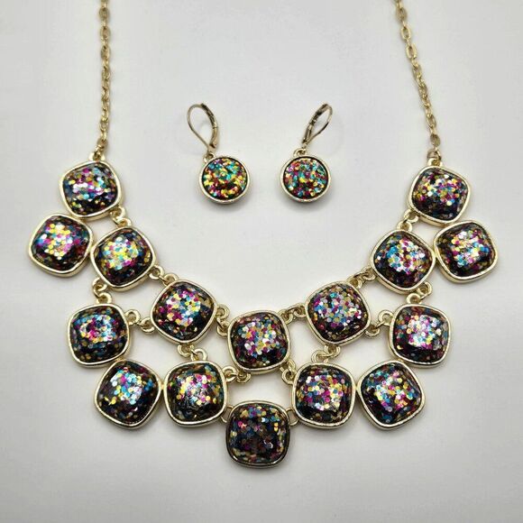 Betsey Johnson Liz Claiborne Rainbow Sparkle Bib Necklace Earrings Gold Tone Set - Picture 1 of 12